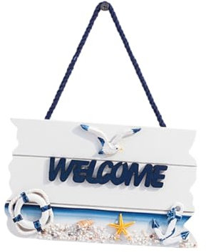 PRETYZOOM 1 Pc Panneau Suspendu de Bienvenue décor océan Signe Suspendu de Bienvenue décor Suspendu de Porte décor de mer Panneau d'accueil méditerranéen Panneau de Bienvenue en Bois Bambou