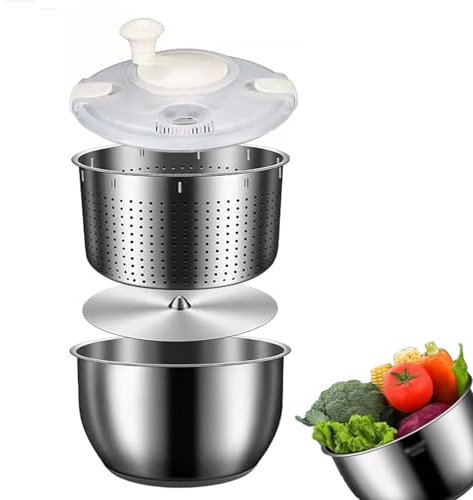 Centrifuga per insalata, in acciaio inox, lavabile in lavastoviglie, con coperchio, per frutta, pasta, patatine fritte