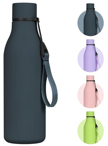 flintronic 550ml Gourde Isotherme, Bouteille d'eau en Acier Inoxydable avec Sangle, Double Paroi Sous Vide Bouteille d'eau Isotherme au 24h Froid/12h Chaud (Bleu Foncé