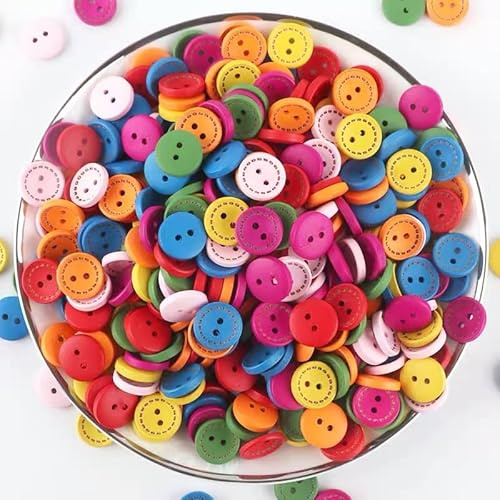 WANYI 100 stycken knappar för sömnad, träknappar, barn, 15 mm, runda färgglada knappar, målning, barnknappar, pysselknappar med hål för kofta, gör-det-själv, hantverk, dekorationer (D)