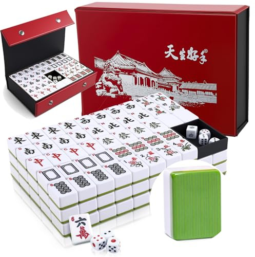 Nastopee Lot de Pierres Mahjong de 30 mm avec 146 tuiles et 2 dés, Vert majong Chinois Classique, avec Emballage Cadeau Exquis