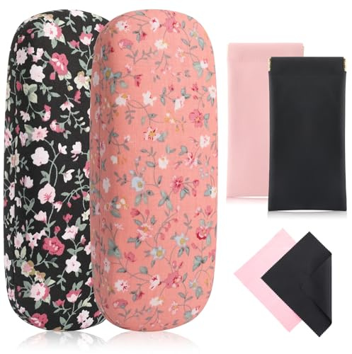 ViEinkaufen 4Pcs Hard Shell Glasses Case and PU Leather Eyeglasses Case Set | Floral Protective Spectacle Cases with Cleaning Cloths for Sunglasses/Reading Glasses