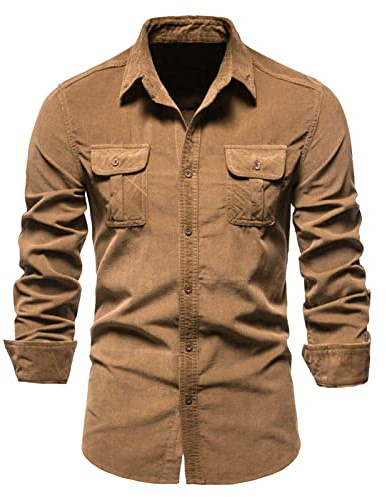 Camisa vaquera para hombre, manga larga, ajuste delgado, cierre de botones, detalle de rayas, versátil para negocios y ocasiones informales, marrón, L