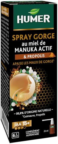 Humer - Spray gorge Manuka 15+ - Apaise la gorge - A base de Miel de Manuka 15+, de Propolis et de Guimauve - 4 pulvérisations 4 fois par jour - 20 ml