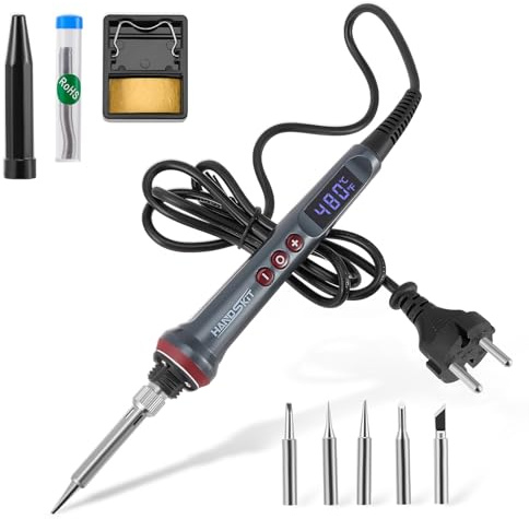 Lötkolben-Set mit LCD-Display 200 W 6-in-1-Löt-Set mit einstellbarer Temperatur von 180–480 °C und automatischem Schlafmodus, Lötpistole mit 6 Lötspitzen, Lötzinn, Ständer