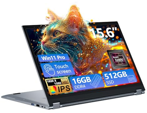 15,6 Pulgadas Ordenador Portátil Pantalla Táctil 2 en 1, Laptop 16GB RAM 512GB SSD, Win11 PC Portátil con Ryzen 3 3200U Procesador, Computadora Portátil 360° Pantalla Táctil 1080P FHD IPS Type-C RJ45