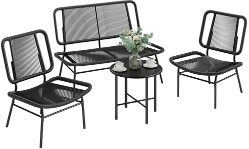 Outsunny Set Salotto da Giardino 4 Pezzi in Rattan, Set di Mobili da Giardino con Divano a 2 Posti, 2 Sedie, Tavolino da Caffè Piano Metallo, Struttura in Acciaio, Salottino da Esterno Balcone, Nero