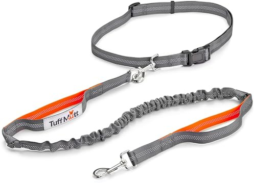 Tuff Mutt Hands Free Dog Leash for Walking Running Hiking, Waist Leash with Bungee, Adjustable Belt, Reflective Double Handle Design for Large Medium Dogs