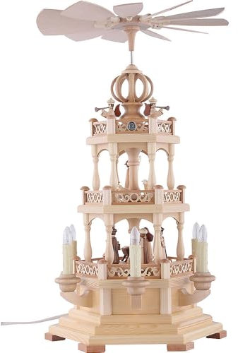 Pirámide de navidad Nacimiento con ángeles, 2 pisos, 49 cm. de alto, iluminado y accionado eléctricamente (120V, 50Hz), natural, original de los Montes Metálicos (Erzgebirge) hecho por la empresa Müller del pueblo de Seiffen