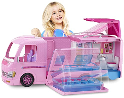 Barbie Camper, Transforming RV Vehicle, Doll Playset with 50 Accessories, Includes Waterslide, 2 Hammocks, Canopy Bed & Fireplace, Dream Camper, for Kids 3 to 7 Years Old, FBR34