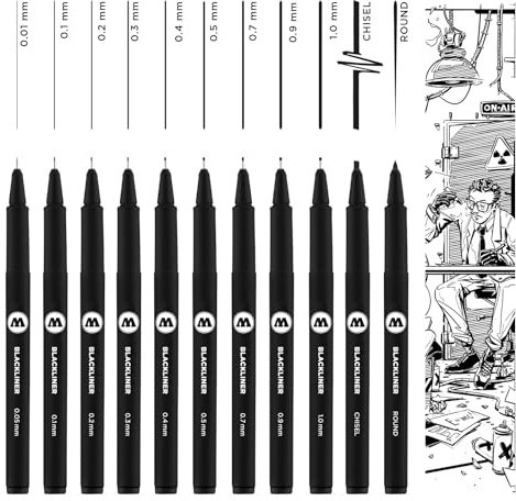 Molotow Blackliner Complete 11er Set (Strichstärke 0,05 mm bis 1,0 mm, Keilspitze und Rundspitze, Fineliner mit permanenter, dokumentenechter Tinte) 11 Stück schwarz