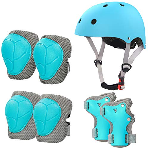 LANOVAGEAR Casco Infantil Set de Protección Casco 2-8 años Ajustable Rodilleras, Coderas y Muñequeras para Patinar Ciclismo Monopatín y Deportes Extremos (Azul Hielo, S)