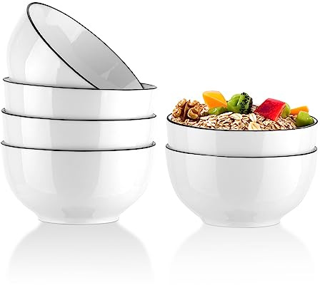 YOLIFE 26 Ounce Cereal Bowls, Ceramic Soup Bowls Set of 6, 6 inch White Salad Bowl for Breakfast, Oatmeal, Rice, Pasta, Dishwasher Microwave Oven Safe(Black Trim)