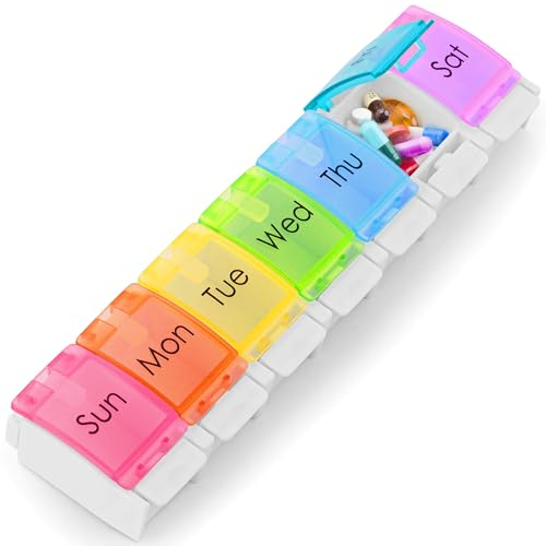 Boxsik - Pilulier Organisateur - Boîte à comprimés arc-en-ciel - Étui de rangement pour médicaments 7 jours 1 fois par jour avec bouton-poussoir, récipient pour pilules hebdomadaires