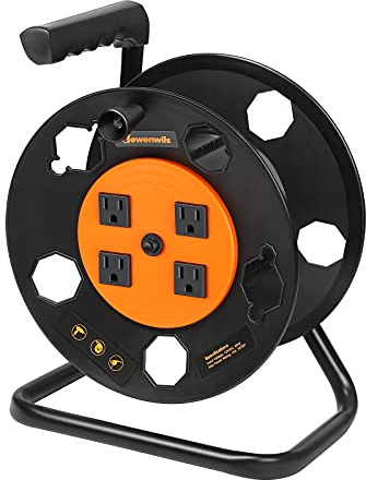 DEWENWILS Extension Cord Storage Reel, Heavy Duty Open Cord Reel with 4-Grounded Outlets, 12/3,14/3,16/3 Gauge Power Cord Reel, Hand Wind Retractable, 15A Circuit Breaker, Orange