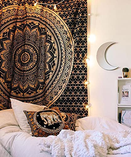 raajsee Mandala Tapestry, Room Decoration, Black Gold Wall Tapestry, Boho Wall Decoration, Wall Hanging, Psychedelic, Twin (52x82 Inches / 132x208 Cms)