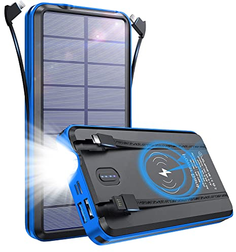 Power Bank Wireless 26800mAh Portable Charger Solar Battery Pack with Built in Cables 2 Outputs & LED Flashlight for iPhone and Samsung Smartphone