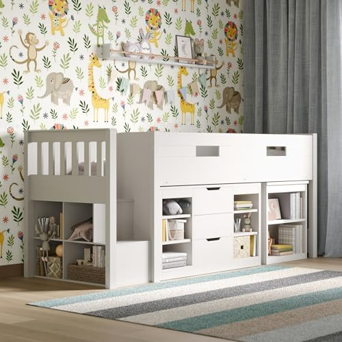 Flair Furnishings - Kids Mid Sleeper Bed with Storage and Desk, Cabin Bed, Heavy Duty and Sturdy, Cosy, Stylish, Space Saving Design (White)