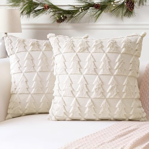 Artscope Set of 2 Soft Plush Short Wool Velvet Decorative Cushion Covers Square Luxury Style Throw Pillow Covers Pillow Shell for Sofa Bedroom Christmas Tree Cream Beige, 45x45cm