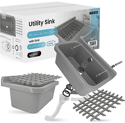 Waschbecken Spülbecken Ausgussbecken Waschtrog Becken 55 x 34 x 21 cm Grau mit Gitter 36 x 30 cm Gewerbe Waschraum Garten Garage Keller Werkstatt Waschküche Außenwaschbecken Gartenwaschbecken