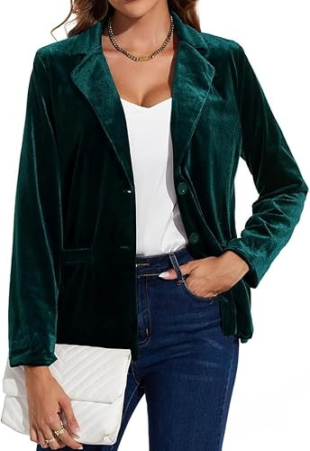 MINTLIMIT Samt-Blazer für Damen, Freizeit, Arbeit, Büro, langärmelig, gekerbtes Revers, Knopfleiste, Blazer mit Taschen, Oberbekleidung, dunkelgrün, 48