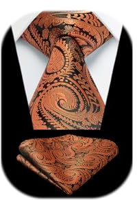 HISDERN Cravate Homme Orange Cravates Paisley pour Hommes et Carré de poche Mariage pour Hommes et Mouchoir Couleur unie en Soie