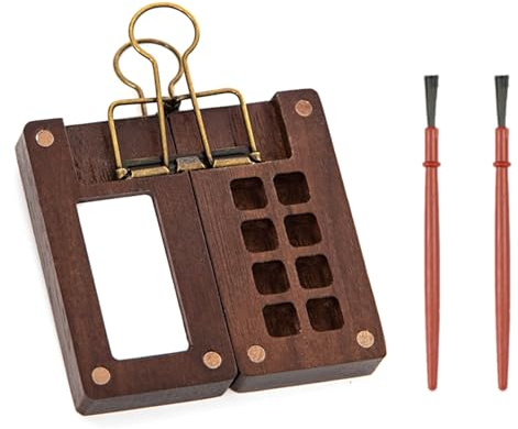 Mini Paleta, 2 Pinceles de Pintura, Caja de Mezcla de Colores Portátil de Madera Con 8 Compartimentos y Clip para Acuarela y Arte