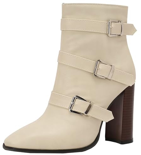 HSyc JRX Botines de mujer con hebilla tacón bloque tacones altos cremallera tobillo botas, beige, 36 EU