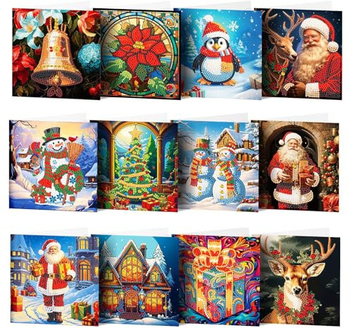 5D Diamond Painting Biglietti Natalizi,12 Pezzi Kit di Ricamo per Biglietti di Auguri di Natale,5D Biglietti di Pittura a Diamante Fai Da Te con Busta,Strass Artigianato Carte Regalo per Natale（A）