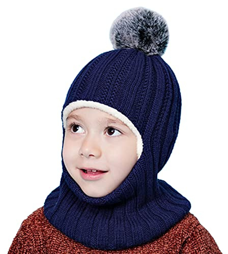 Generisch Cagoule en coton pour enfant - Cagoule chaude - Pour fille et garçon - Avec cache-oreilles - Bonnet thermique - Casque de ski - Bonnet tricoté - Coupe-vent - Bonnet d'hiver, 17 bleu marine