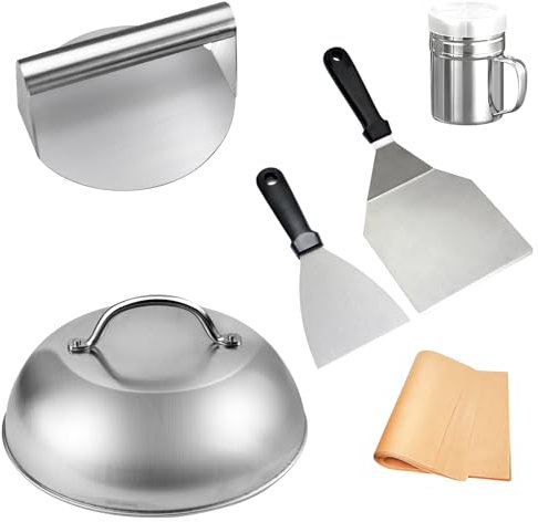 Kazaiou Smashed Burger Kit, 6PCS Stainless Steel Burger Press with Smasher, 8.7'' Basting Cover, Grill Spatula, Spice Dredge Shaker and Patty Papers, Griddle Accessories Kit for Flat Top Grill Cooking