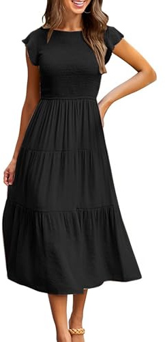 CMTOP Vestito Donna Estivo Abito Lungo Estivo Girocollo Scollo Vestiti con Manica a Volant Casuale Vita Elastica Abiti da Mare Spiaggia Eleganti Tinta Unita Abito di Linea A(Nero, M)