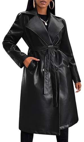 Gudasuo Leather Jacket Women Trench Coat Long Loose Button Lined Jacket Open Front Faux Motorcycle Coat with Belt(0024,B,2XL)
