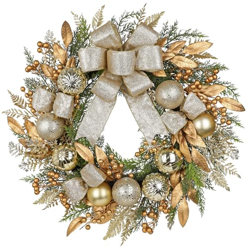 Arbrous Coronas de Puerta de Navidad Exterior 24 Corona de Navidad Grande Dorada con Lazo de Seda Bolas Bayas Hojas Coronas de Navidad para Puerta Principal Corona Artificial de Invierno para Pared