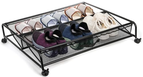 Goaste Under Bed Shoe Storage Organizer with Wheels, Rolling Underbed Storage Containers, Metal Shoe Rack Drawer Space Saving for Bedroom Organization, Shoes, Toys (Black)