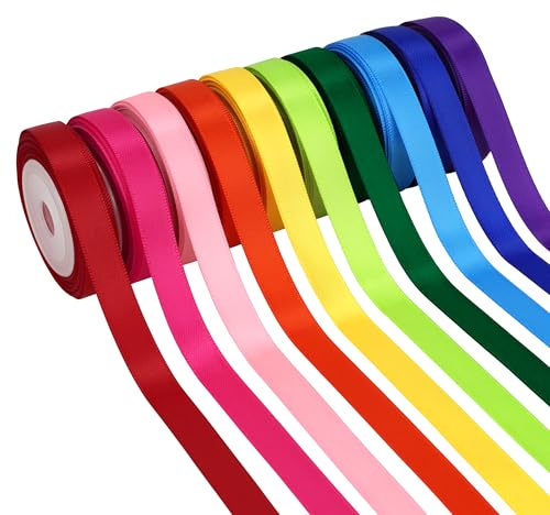 Kryvus Rainbow Satin Ribbon Set, 10 Colors Double Faced Colorful Ribbon - 10mm x 5.4M Each, Polyester Ribbons for Gift Wrapping, Hair Bows, Wedding and Party Decorations, DIY Crafts, Total 54 Metres