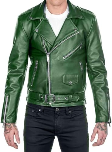 Giacca da uomo in pelle stile vintage Brando verde – con cintura stile biker classico, Verde - Ecopelle, XL
