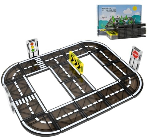 Vunanvu 24 PCS Construcción Magnético, Construcciones Magneticas Carretera, Bloques de Construcción Magnéticos con Camino de Ciudad y Señales de Tráfico para Crear Escenarios Urbanos del Juego