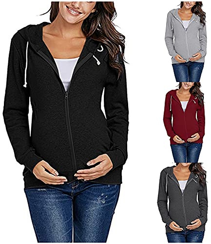 Hoodie de Maternité Sweat à Capuche Zippé Haut à Manches Longues pour Femmes Enceintes Veste Maternité Grossesse Casual Zip Up avec Poches Sweat-Shirt Couleur Unie