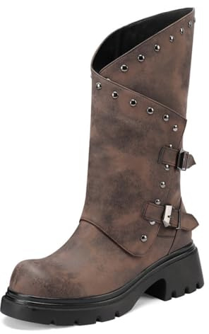 Générique Femmes Cuir PU Bottes Western Cowboy avec Fermeture Éclair Latérale Bout Rond Plateforme Bottes Longues Tacco Grosso Botte De Mi-Mollet avec Clous,Marron,41 EU