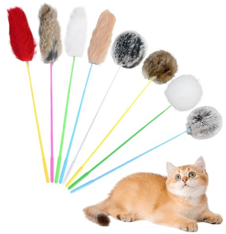 Kaiyzo 8 PièCes Plumeau Chat VéRitable Fourrure De Lapin en Forme De Bande SphéRiques Jouet Boule De Poils De Lapin éDucatif Baguette pour Chat pour des Jeux De Chasse Interactifs 35 Cm De Long