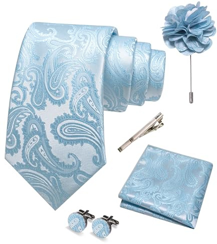 JEMYGINS Paisley Bordado Diseño Corbata Set Hombre Pañuelo de Bolsillo Clip de Corbata, Gemelos Flor para Boda Fiesta Negocios Multicolor