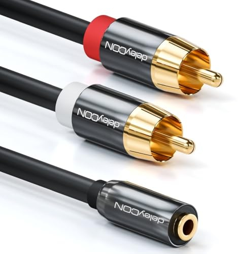 deleyCON 1m Cavo Audio Stereo - Da Jack 3,5 mm Femmina a 2 Connettori RCA Maschio - Struttura in Metallo - Adattatore per Laptop, Tablet, Smartphone, TV, DVD e Casse Audio - Nero