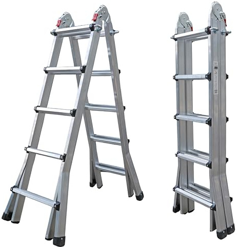 UZIRO Escalera Telescópica Plegable Articulada de Aluminio 4x5, Multiposición Extensibles, 5,19 M, 5 Peldaños, Soporta hasta 150 KG, Plegable y Compacta, Gris