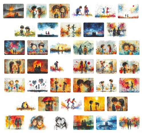 Genérico Set de 40 Postales Románticas A6 (105x148 mm) – Ilustraciones de Parejas Enamoradas – Papel 300g/m² – Tarjetas Decorativas para Regalo, San Valentín o Colección