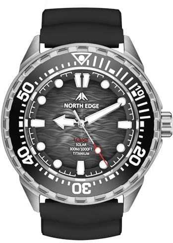 NORTH EDGE TRITON-TI Orologio Subacqueo Solare Uomo Donna, Cassa in Titanio, Impermeabile 300 m/30 ATM, Lunetta Unidirezionale, Quadrante Luminoso, Cinturino in Silicone Nero
