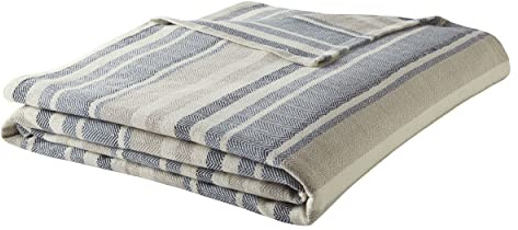 Eddie Bauer - Twin Size Blanket, 100% Soft Cotton Bed Blanket for Year Round Comfort, Throw Blanket for Couch or Bed (Herringbone Blue Stripe)