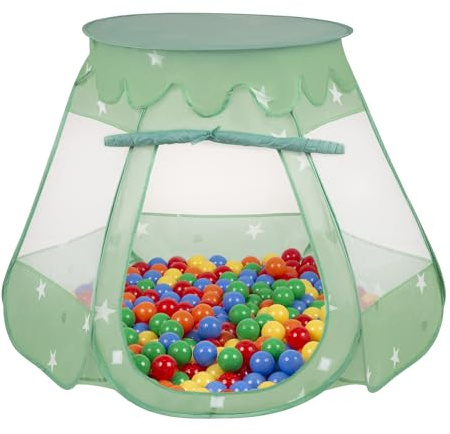 Selonis Lektält, 105 x 90 cm/100 bollar, slott, hus, pop-up, bollhav, plastbollar för barn, mintgrön: gul/grön/blå/röd/orange