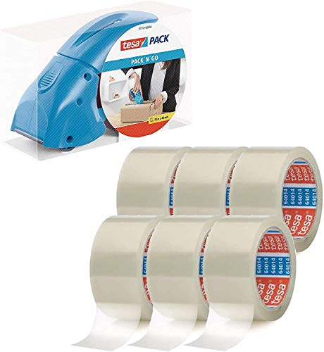 tesapack Abroller Pack' n' Go - Ergonomischer, blauer Handabroller für Paketbänder - Inklusive 50 m x 48 mm Klebeband (1 Abroller + 6 Rollen)