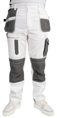 Axus Decor S-Tex Painter's Trousers for Men's– Triple-Stitched, Shrink-Resistant & Comfortable Fabric White Cargo Work Pants with Multiple Pockets for Painters & Workwear, Regular Leg (34 / 86cm)